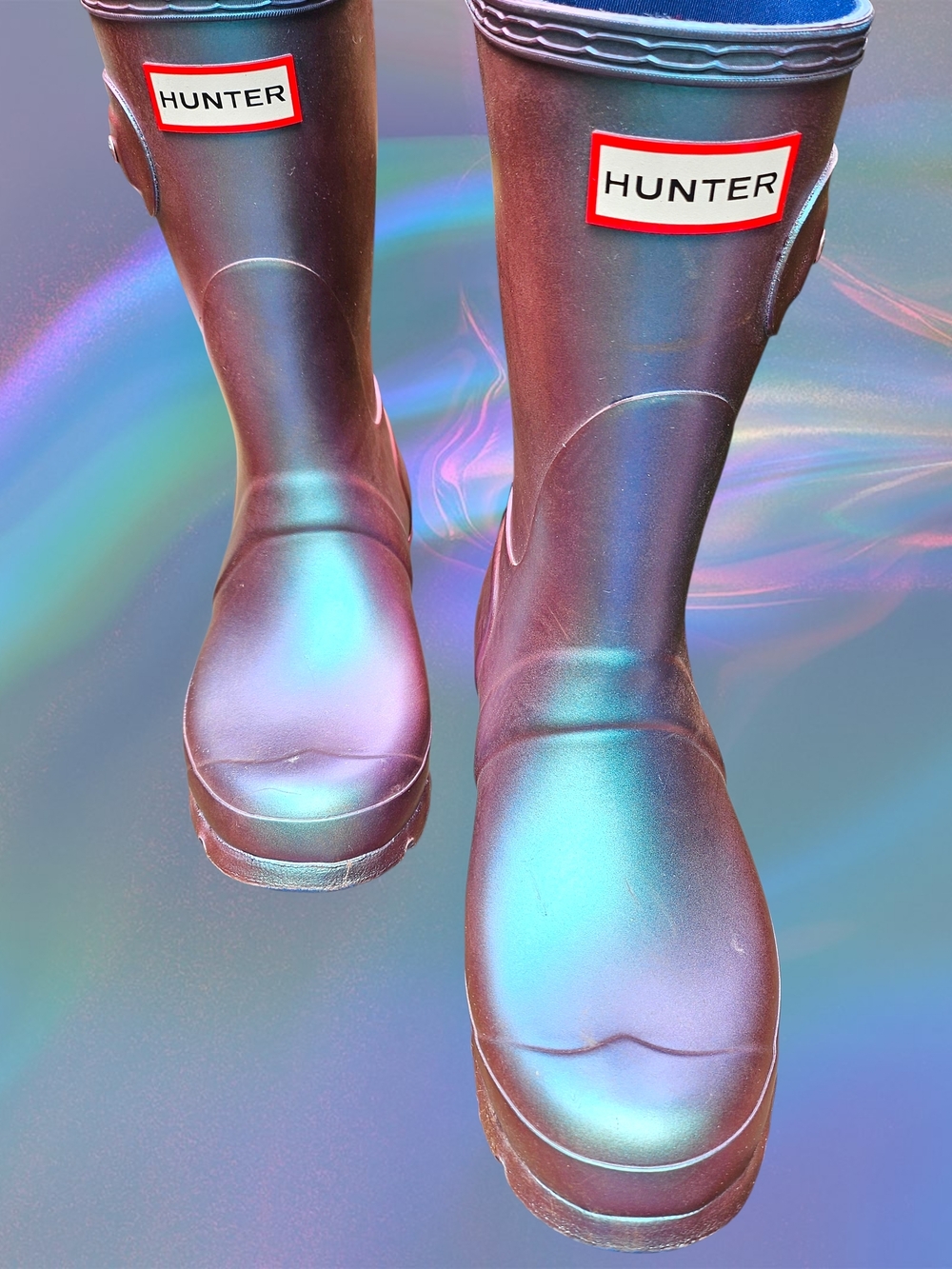 Hunter Iridescent Wellington Rubber Rain Boots — Blue and Purple Sheen